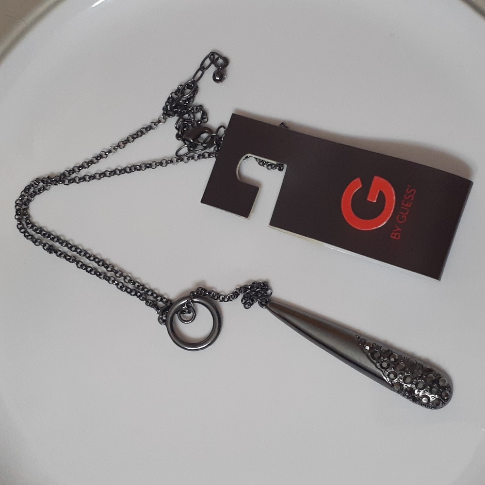 G BY GUESS Gunmetal Crystal Necklace NWT